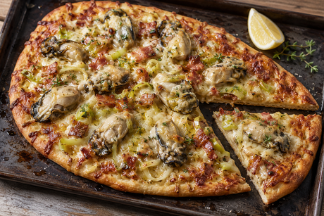 Chesapeake oyster flatbread topped with bacon, sautéed leeks, melted cheese and hot honey